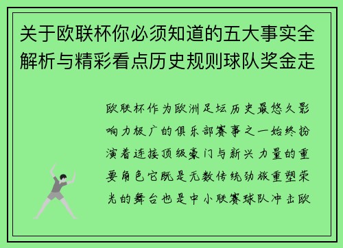关于欧联杯你必须知道的五大事实全解析与精彩看点历史规则球队奖金走势