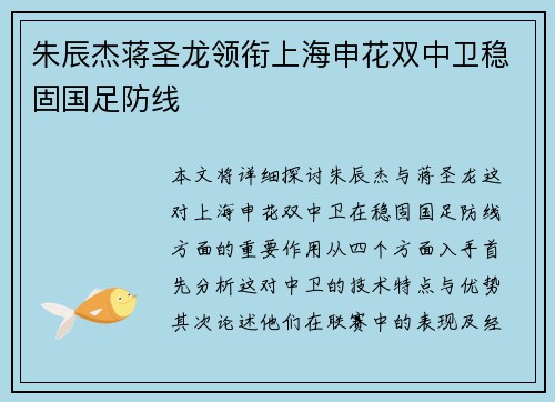 朱辰杰蒋圣龙领衔上海申花双中卫稳固国足防线